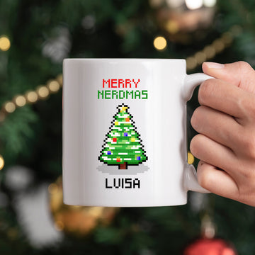 Tasse Merry Nerdmas Pixel Weihnachtsbaum mit Name