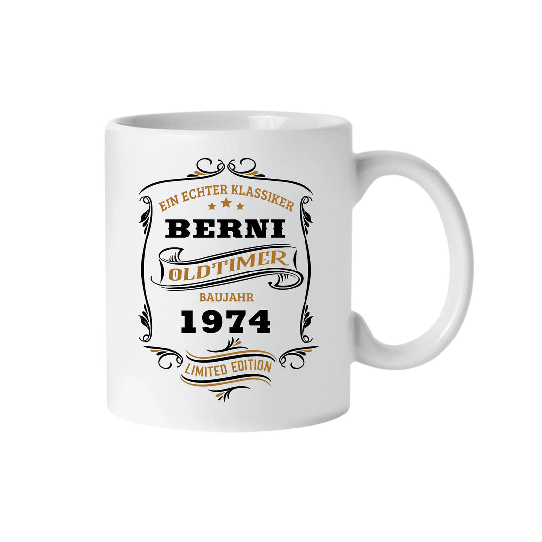 Personalisierte Tasse mit Oldtimer-Motiv als ideales Geschenk zum Geburtstag; zeigt einen klassischen Vintage-Wagen und ein nostalgisches Retro-Label im alten Design.