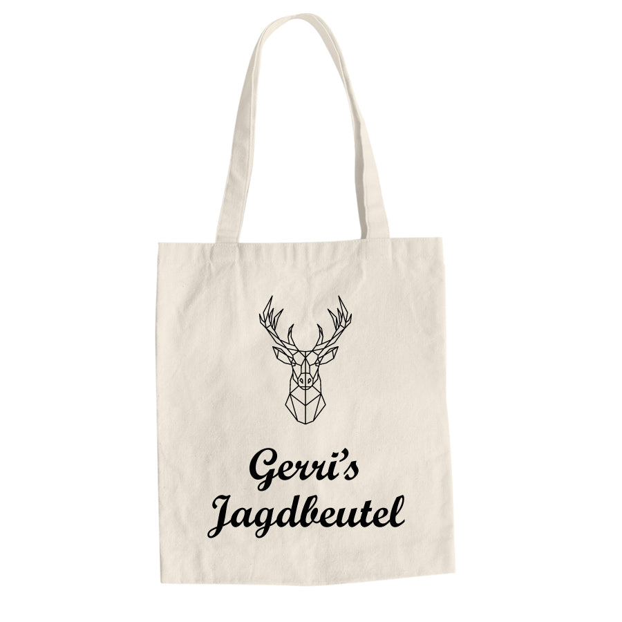 Schwarze Baumwolltasche mit geometrischen Hirschmotiv und personalisiertem Namen – humorvoller Jagdbeutel für Shopping, Ausflüge und den Alltag.