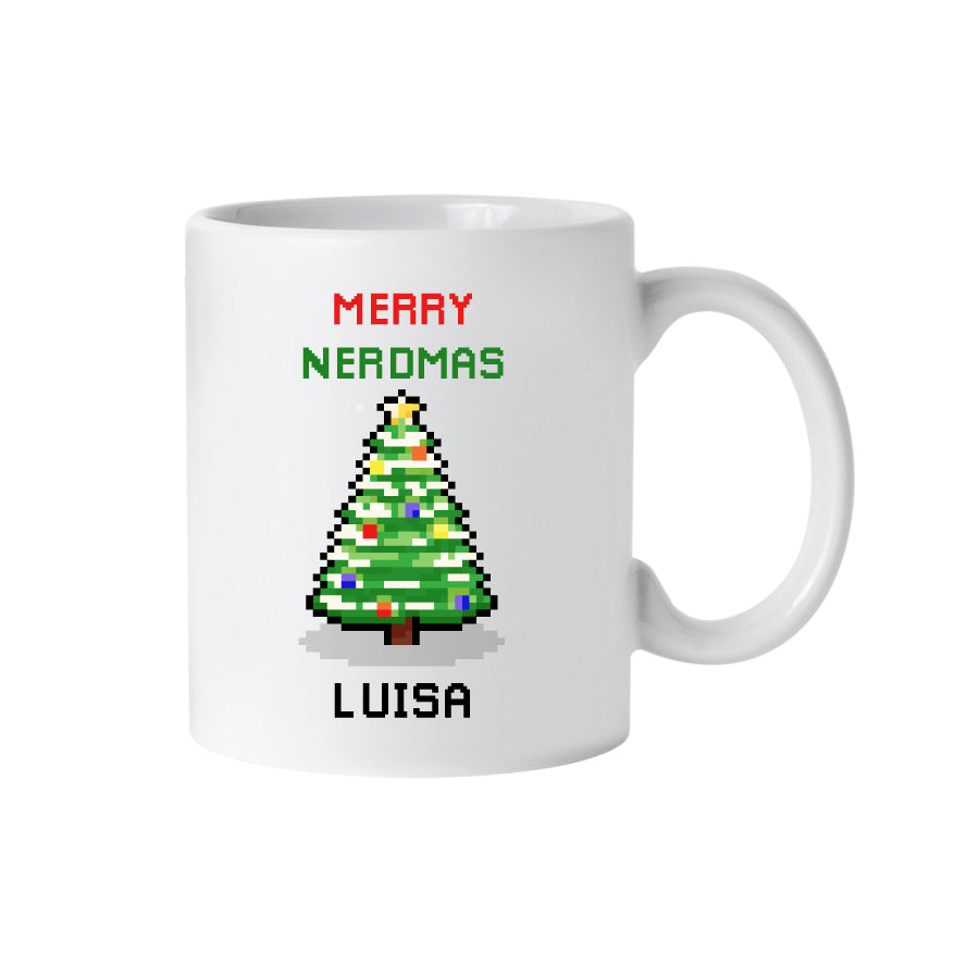 Tasse Merry Nerdmas Pixel Weihnachtsbaum mit Name