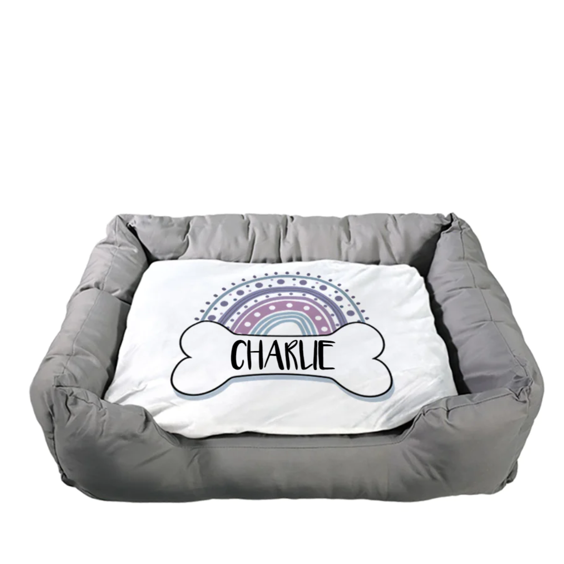 Tierbett mit Regenbogen und Hundeknochen, personalisiert