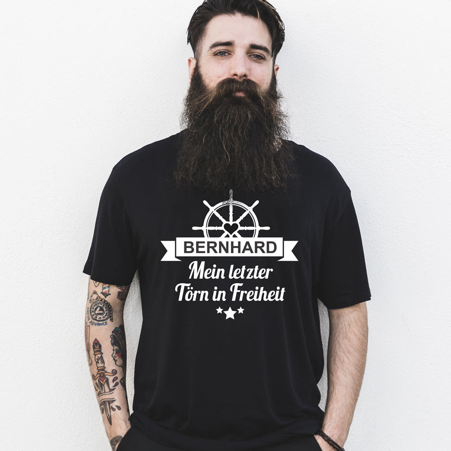 Poltershirt "Mein letzter Törn in Freiheit", personalisiert, schwarz, Herren Junggesellenabschied
